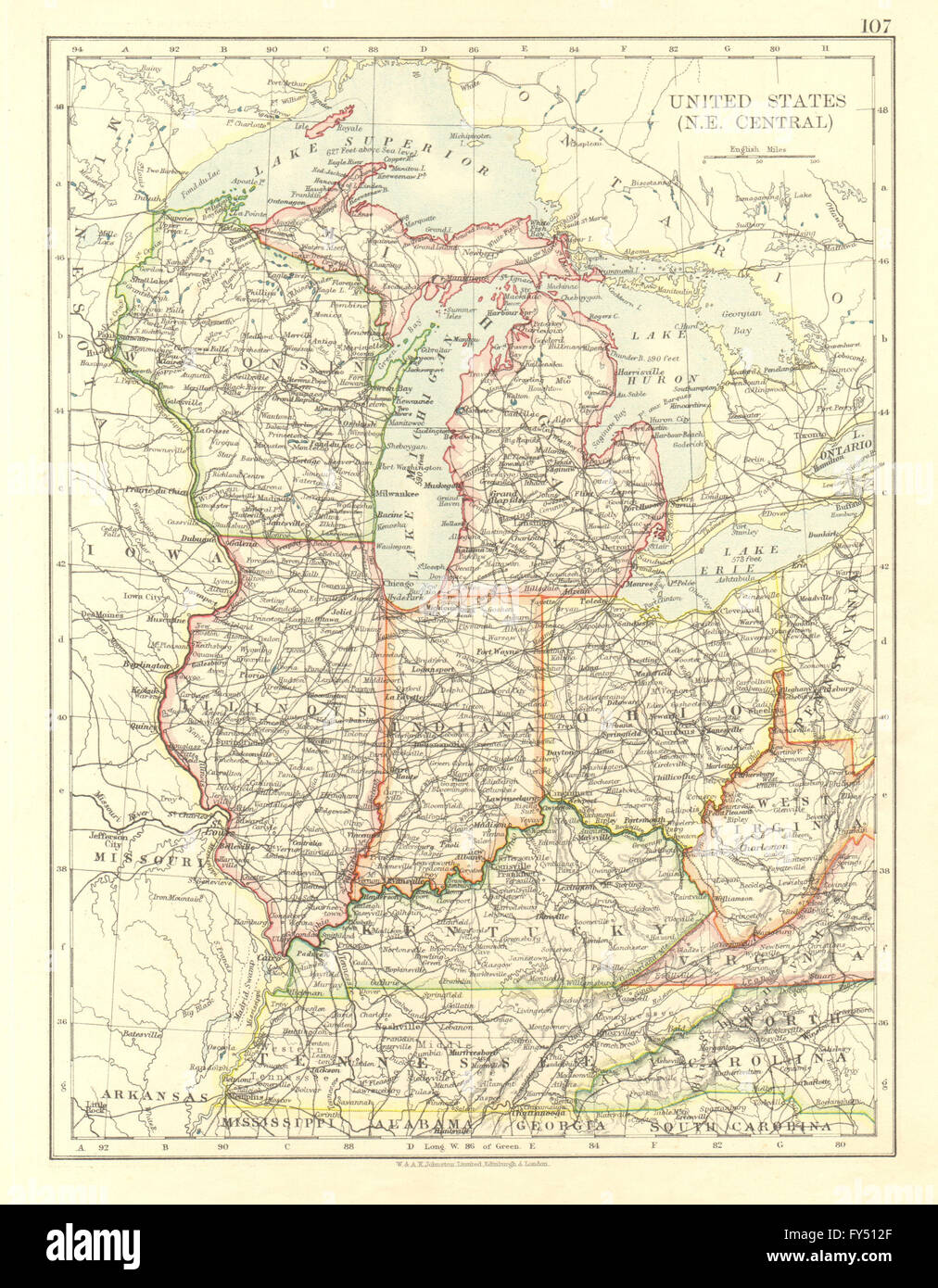 USA MID WEST. Wisconsin Michigan Illinois Ohio Indiana Kentucky TN, 1906 map Stock Photo