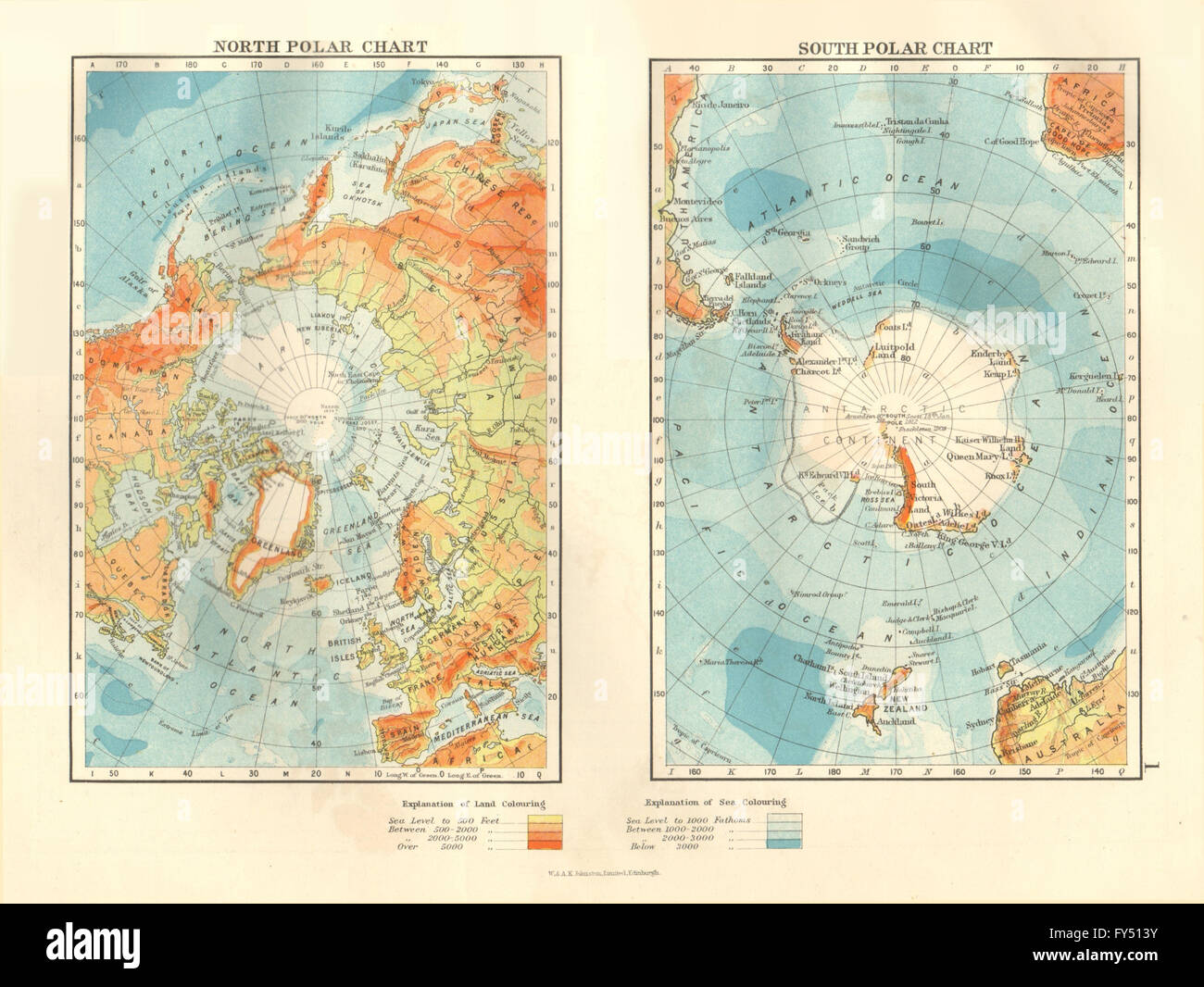 NORTH & SOUTH POLES. Explorers Nansen Scott Amundsen Peary Shackleton, 1920 map Stock Photo