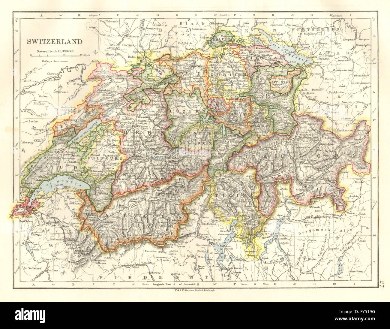 SWITZERLAND. Shows cantons & railways. Alps. Italian lakes. JOHNSTON, 1920 map Stock Photo