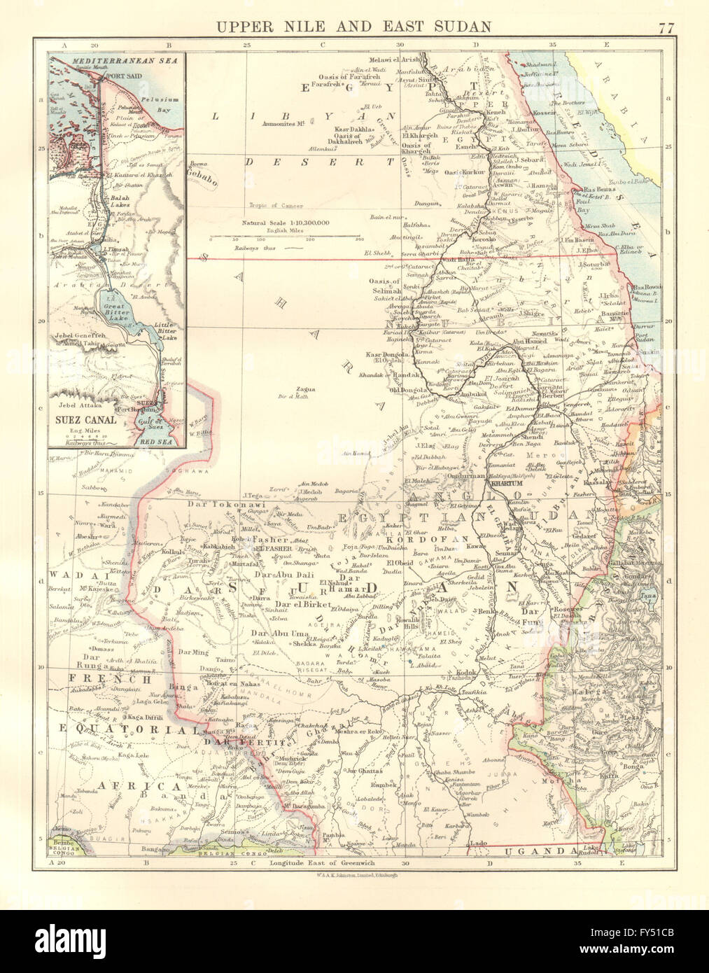 UPPER NILE, EAST SUDAN & SUEZ CANAL. Khartoum.White/Blue Nile. JOHNSTON 1920 map Stock Photo