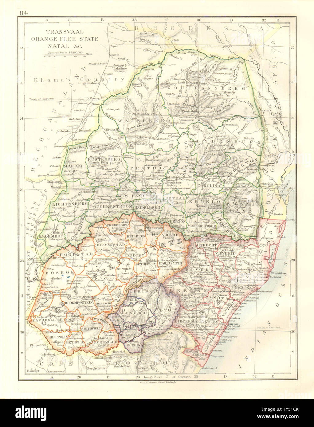 Orange Free State Map South Africa. Orange Free State. Natal. Basutoland. Transvaal, 1920 Old Map  Stock Photo - Alamy