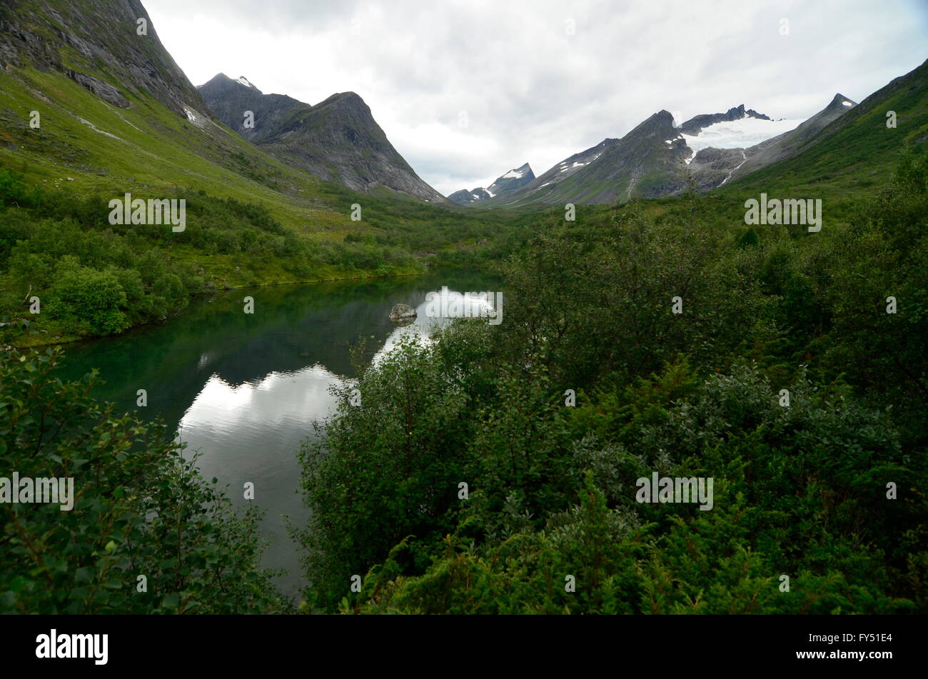Green Valley under the Glaciers on the way from Patchelytta to Stranda, Norway. Stock Photo