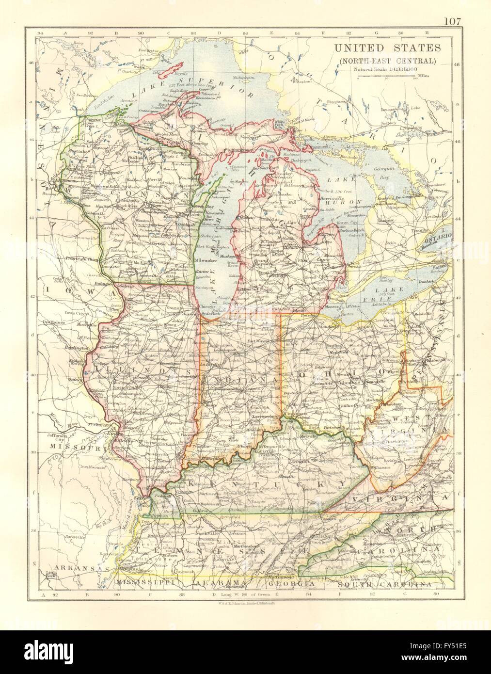 USA MID WEST. Wisconsin Michigan Illinois Ohio Indiana Kentucky TN, 1920 map Stock Photo