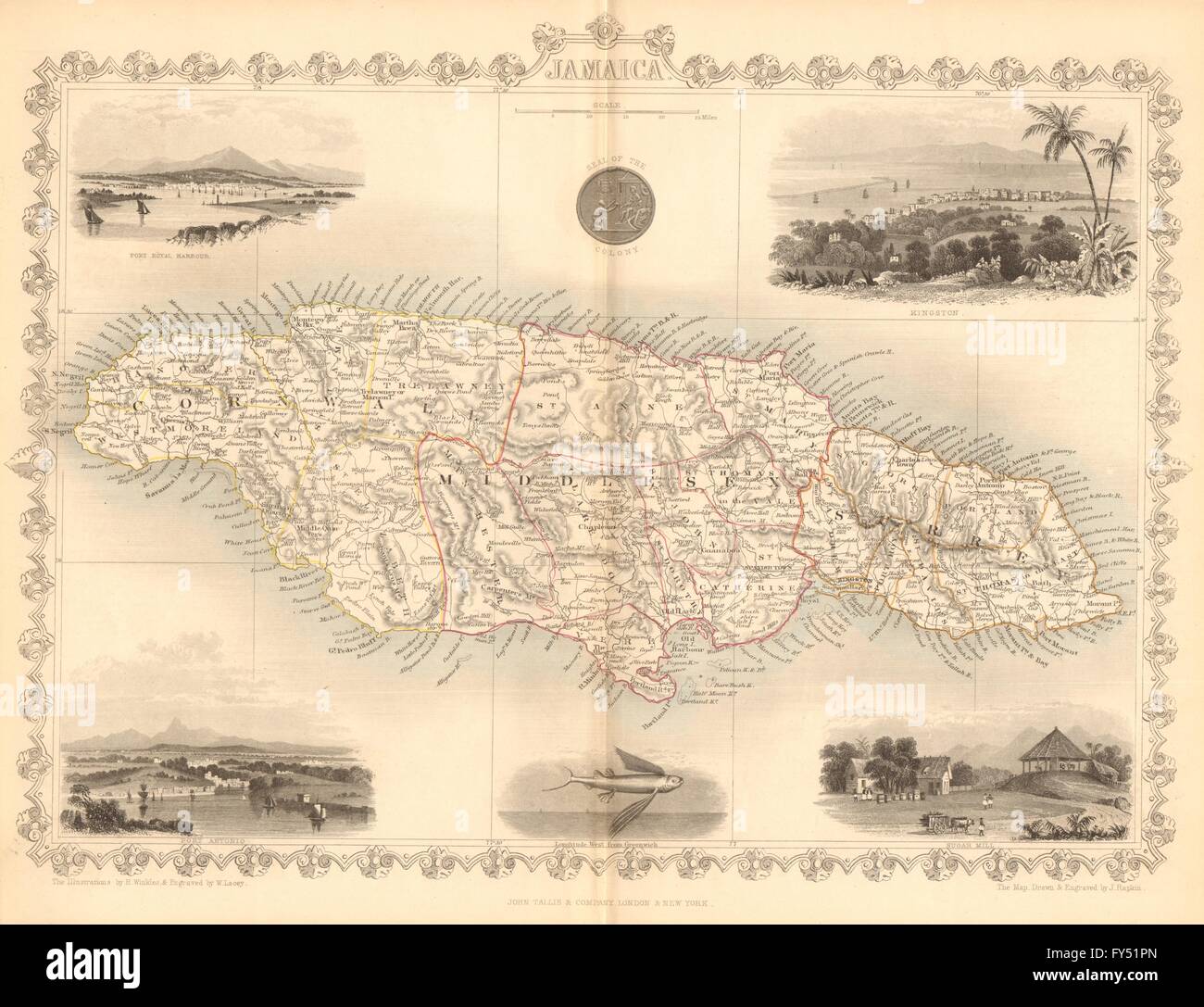 JAMAICA. Counties/parishes. Sugar Mill & Kingston views. TALLIS/RAPKIN, 1849 map Stock Photo