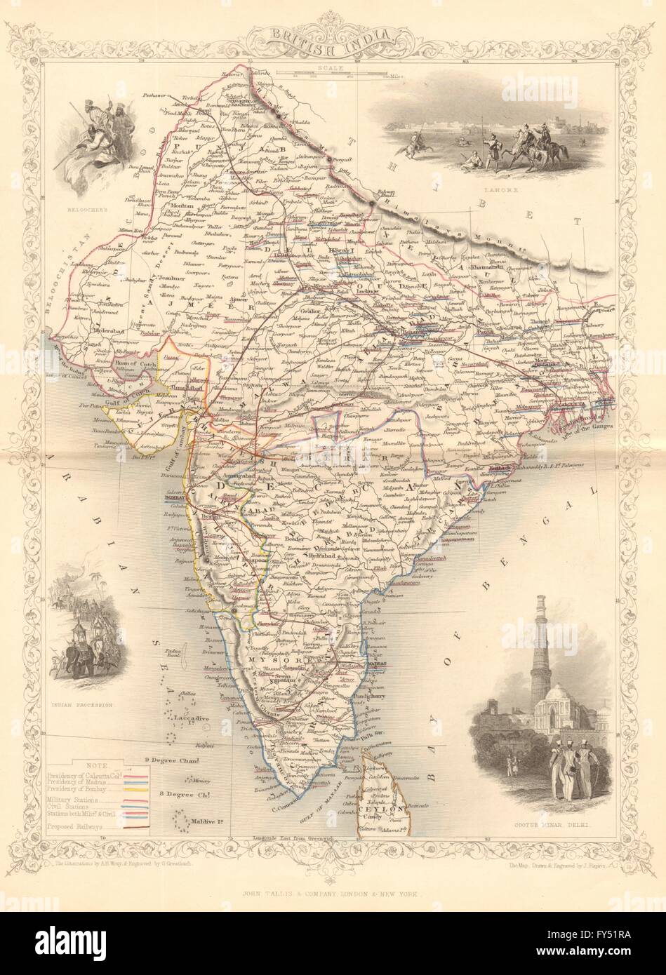 BRITISH INDIA. shows 'Proposed Railways'. Military bases.TALLIS/RAPKIN, 1849 map Stock Photo