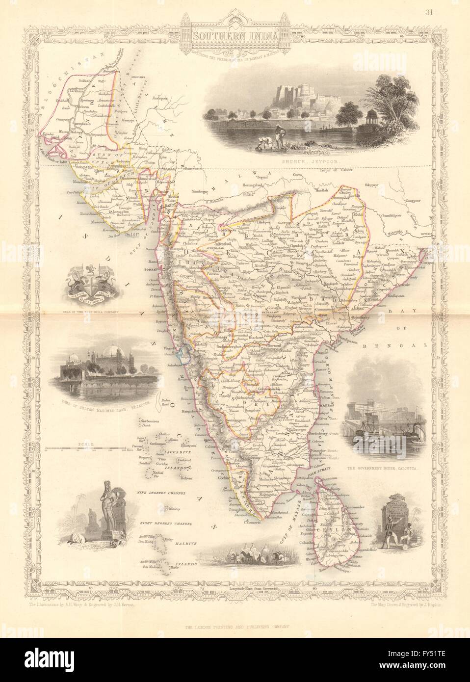 SOUTHERN INDIA. Amber Fort, Jaipur & Gol Gumbaz, Bijapur.TALLIS/RAPKIN, 1849 map Stock Photo