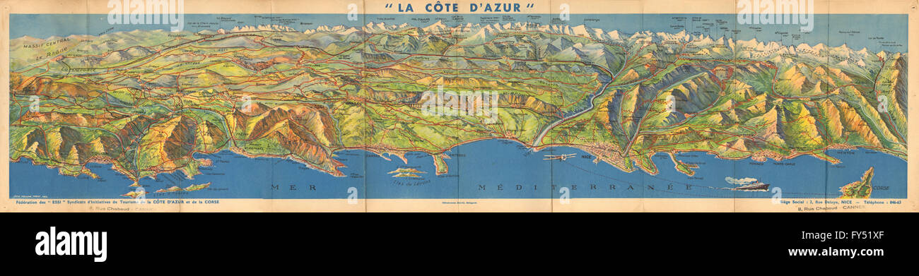 La Côte d'Azur panorama. Toulon-St Tropez-Cannes-Nice-Monaco-Menton, c1938  map Stock Photo - Alamy