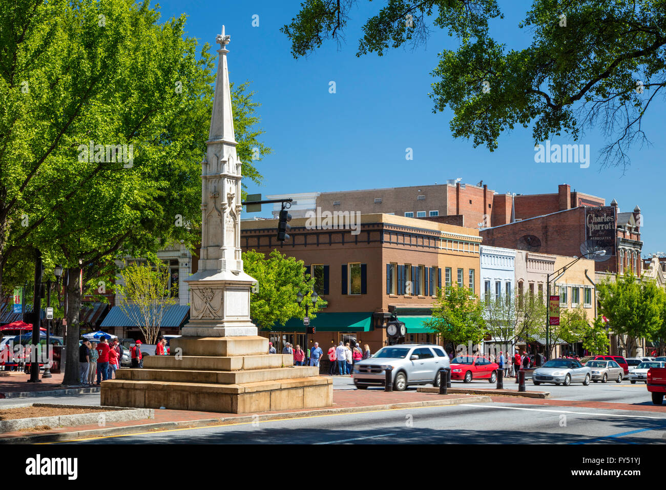 Civil War Memorial and downtown view of college town, Athens, Georgia, USA Stock Photo
