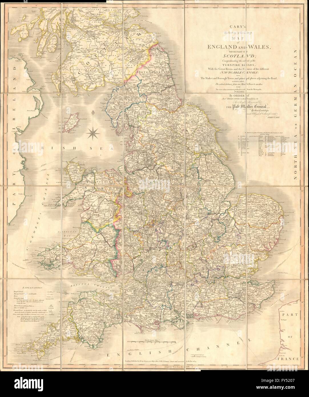 'Cary's reduction of his large map of England & Wales'. Turnpikes canals &c 1824 Stock Photo