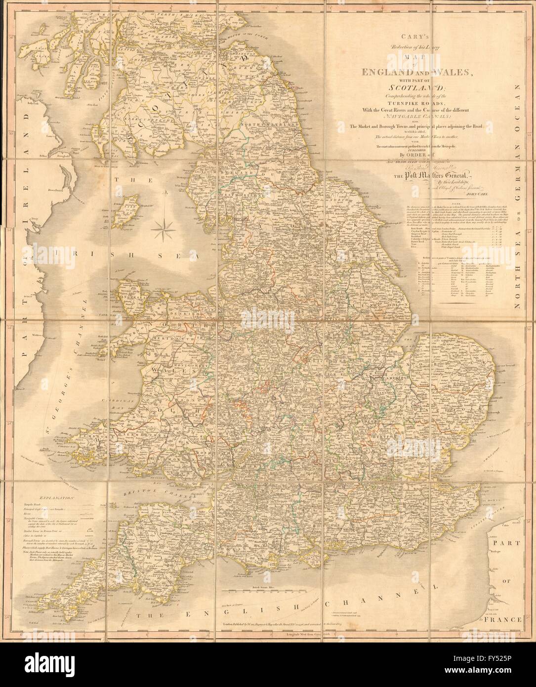 'Cary's reduction of his large map of England & Wales'. Turnpikes canals &c 1805 Stock Photo