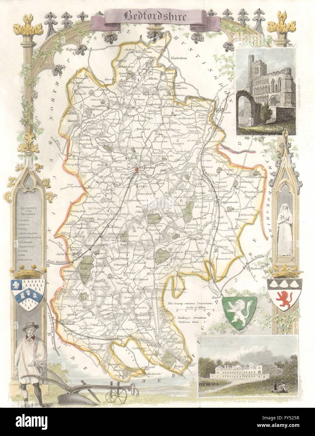 Bedfordshire antique hand-coloured county map by Thomas Moule, c1840 Stock Photo