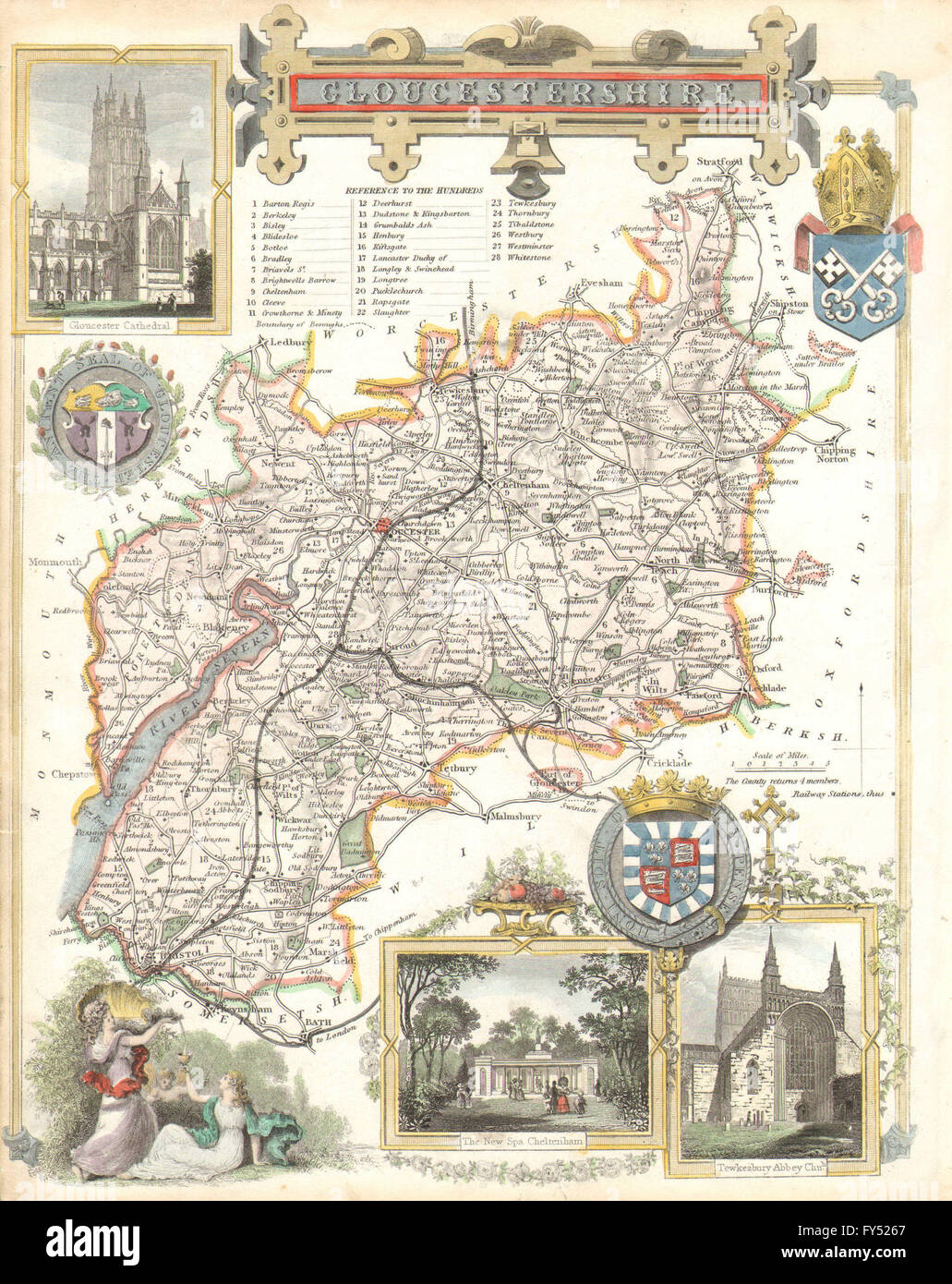 Gloucestershire antique hand-coloured county map by Thomas Moule, c1840 Stock Photo