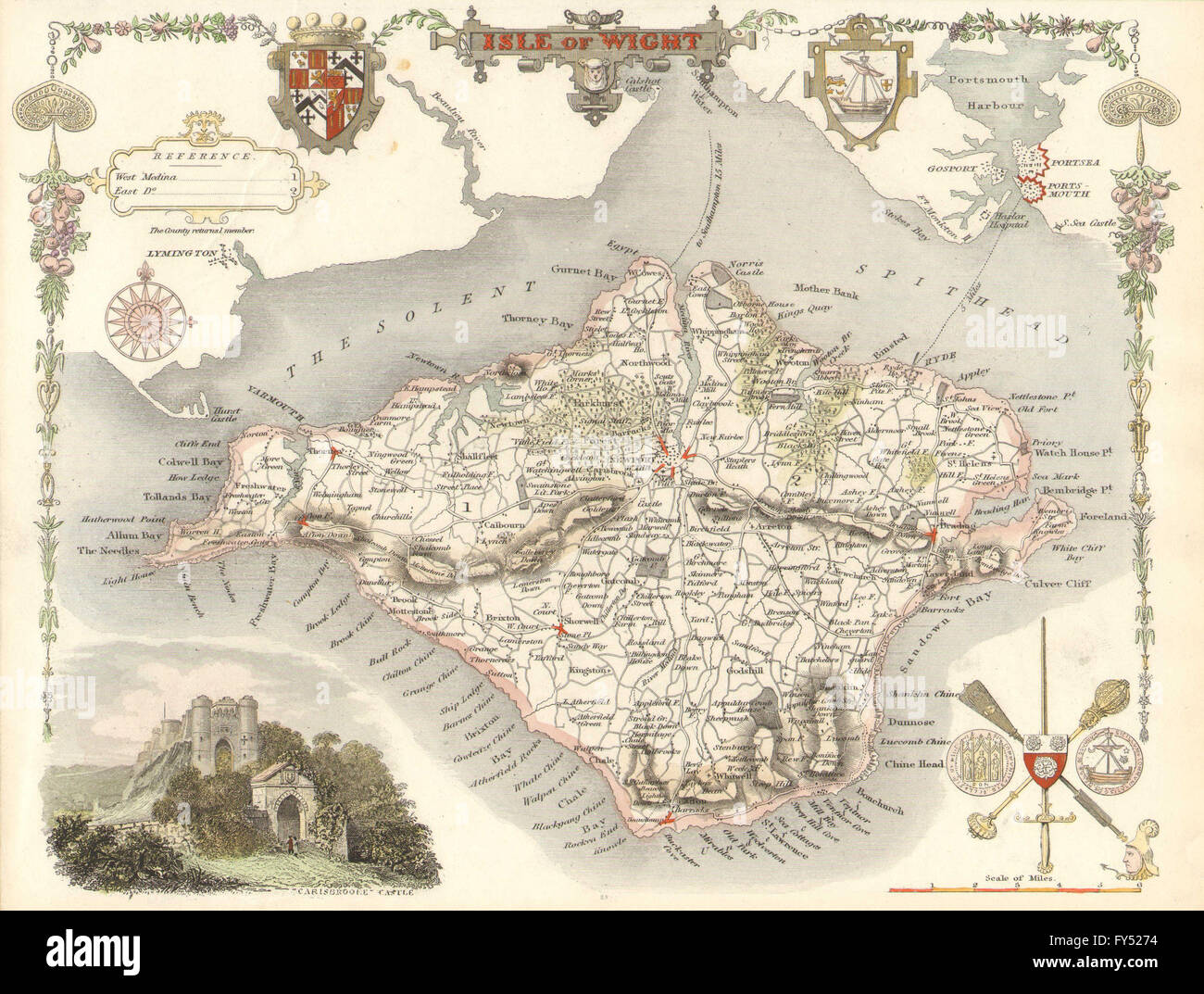 Isle of Wight antique handcoloured map by Thomas Moule, c1840 Stock