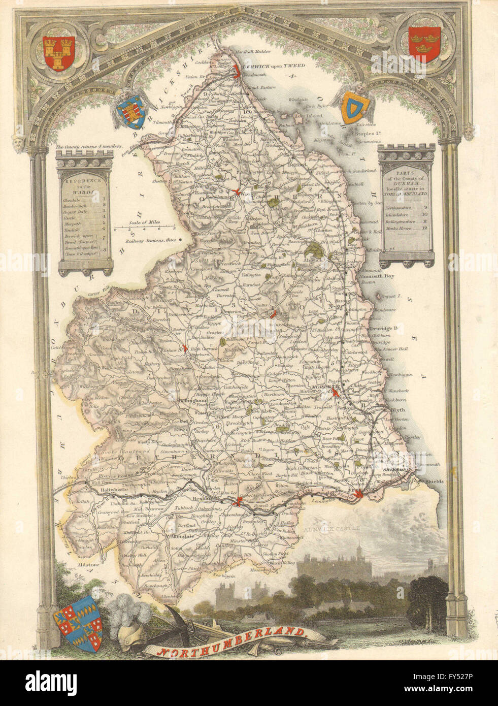 Northumberland antique hand-coloured county map by Thomas Moule, c1840 Stock Photo