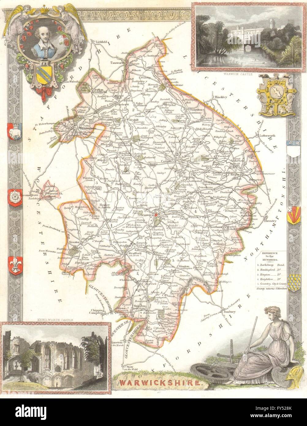 Warwickshire antique hand-coloured county map by Thomas Moule, c1840 Stock Photo