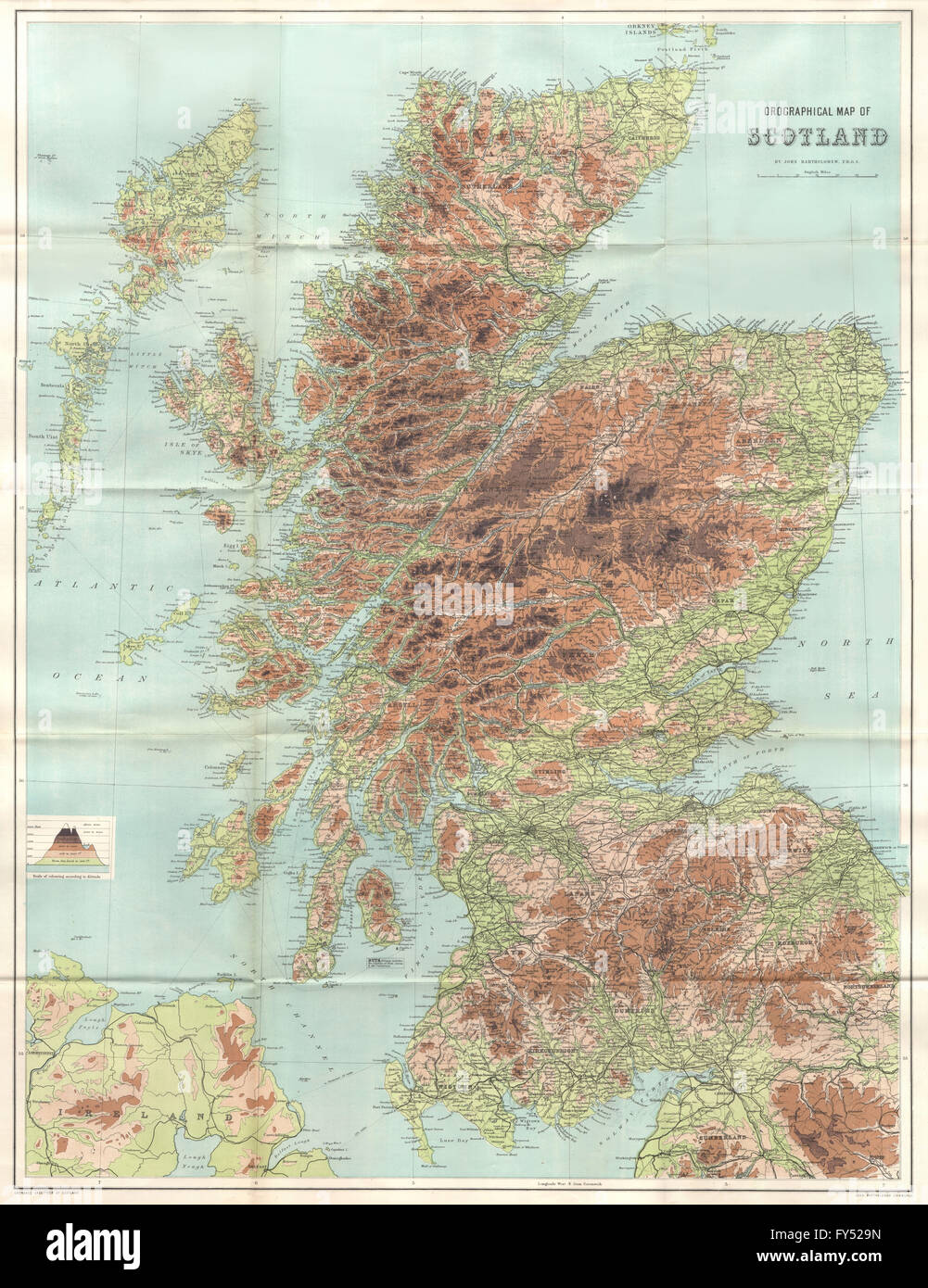 Antique SCOTLAND OROGRAPHICAL Relief map. Large. BARTHOLOMEW, 1885 Stock Photo