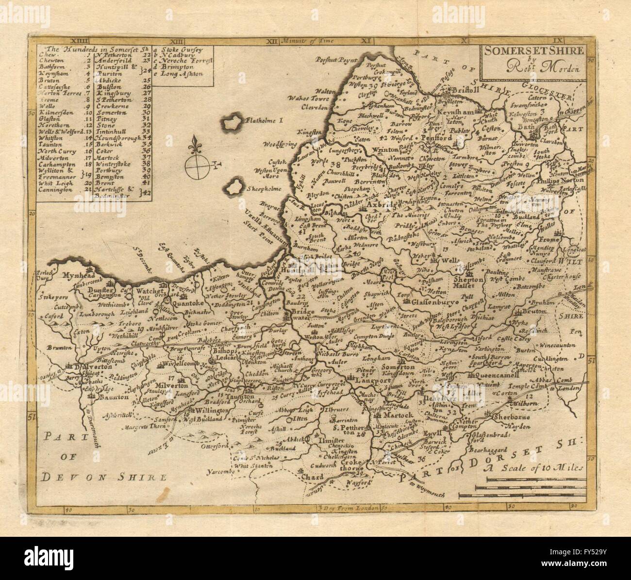 'SOMERSETSHIRE BY Robt. Morden'. Scarce Morden Miniature county map, c1701 Stock Photo