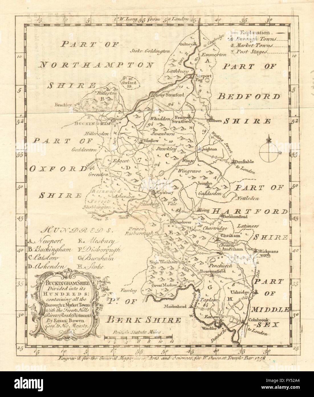 Antique map of Buckinghamshire by Emmanuel Bowen, 1758 Stock Photo