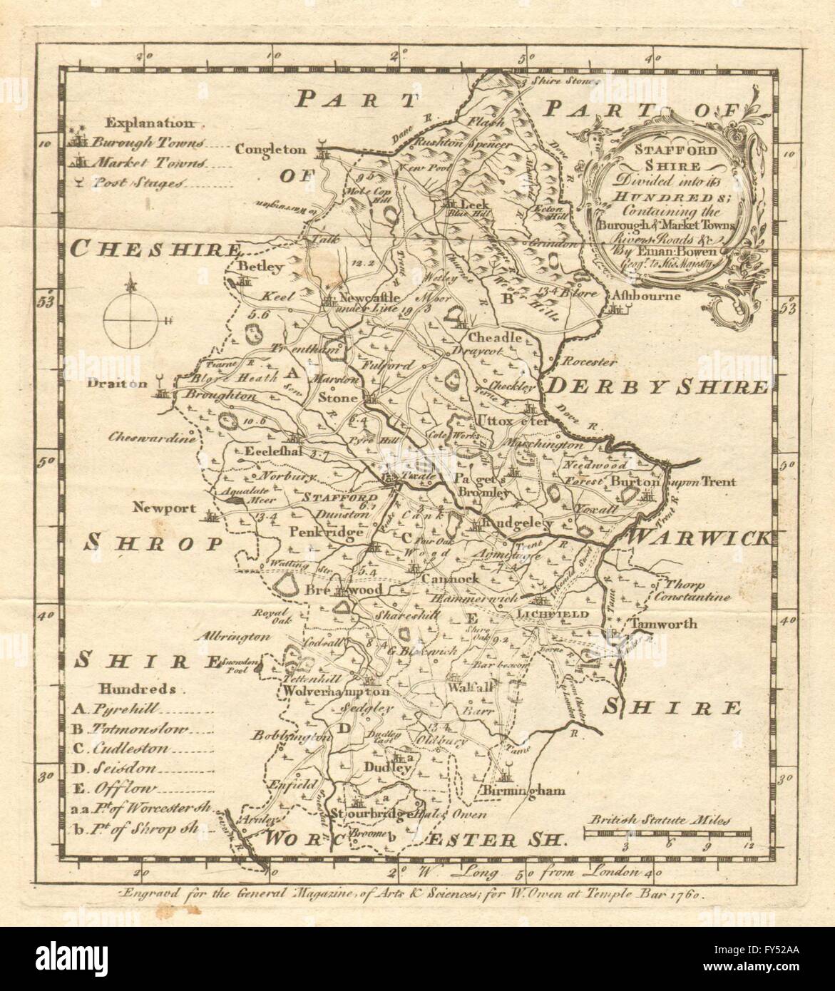 Antique map of Staffordshire by Emmanuel Bowen, 1760 Stock Photo