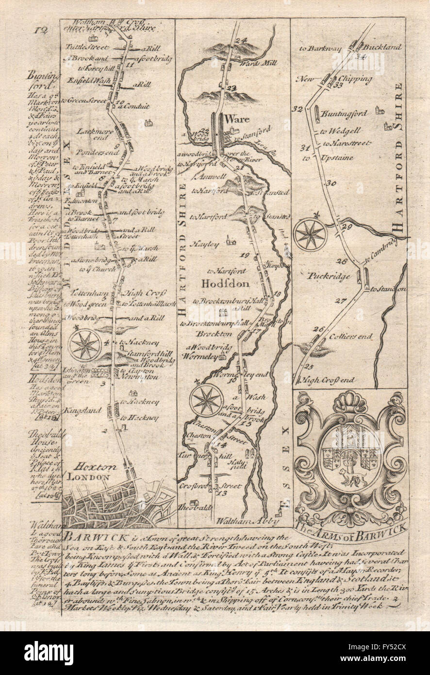 London-Hoxton-Tottenham-Edmonton-Waltham Cross-Hoddesdon-Ware BOWEN map 1753 