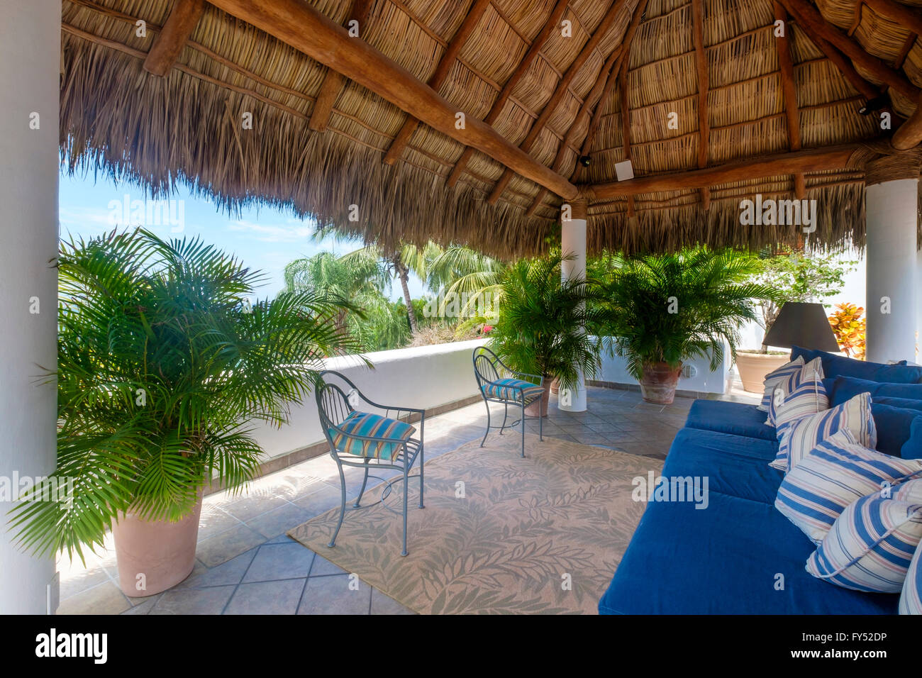 Upscale Mexican Residence - Terrace with palapa, Punta de Mita, Riviera Nayarit, Mexico Stock Photo