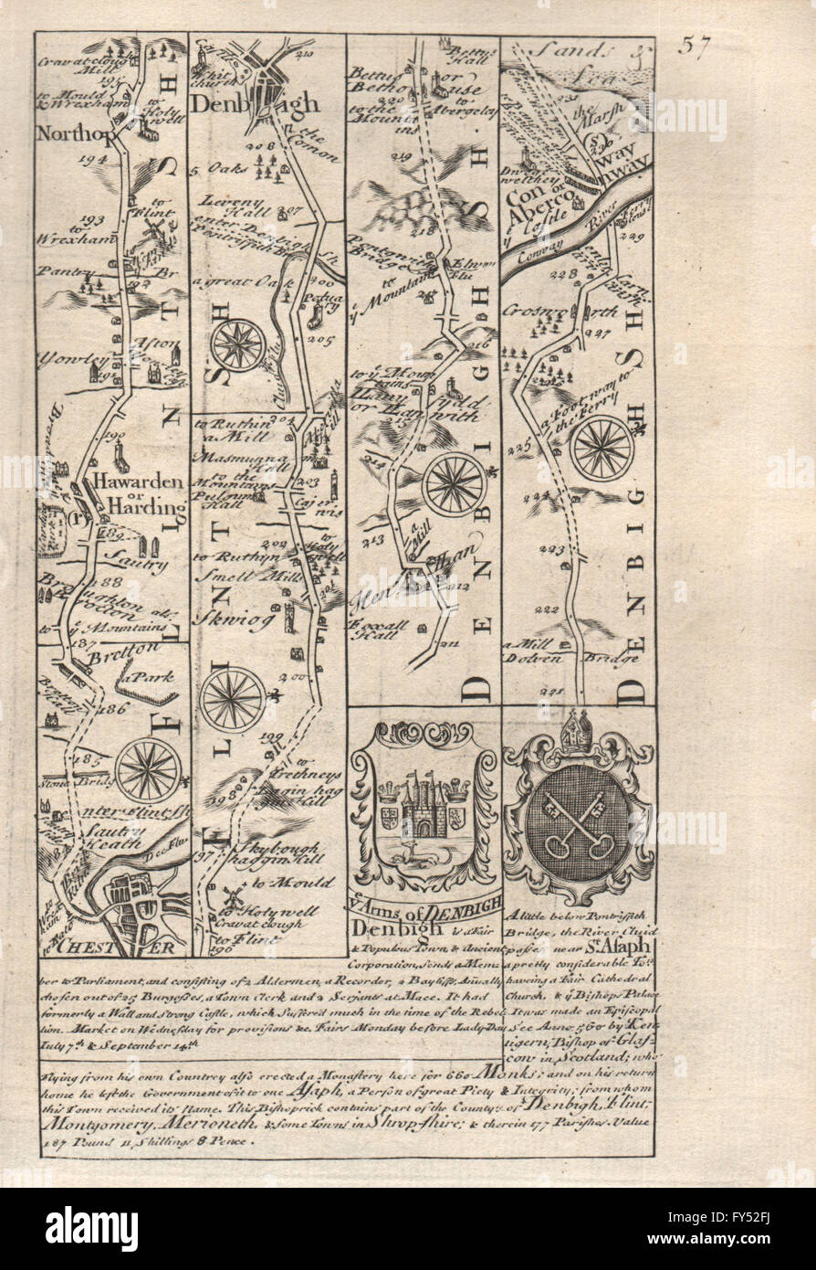 Chester-Hawarden-Northop Hall-Denbigh-Conwy road map by OWEN & BOWEN, 1753 Stock Photo