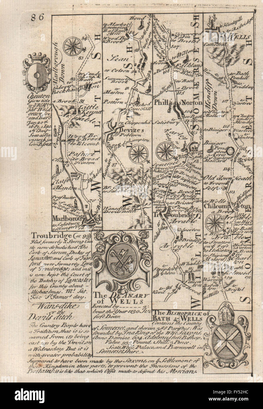 Marlborough-Devizes-Trowbridge-Chilcompton-Wells road map by OWEN & BOWEN 1753 Stock Photo
