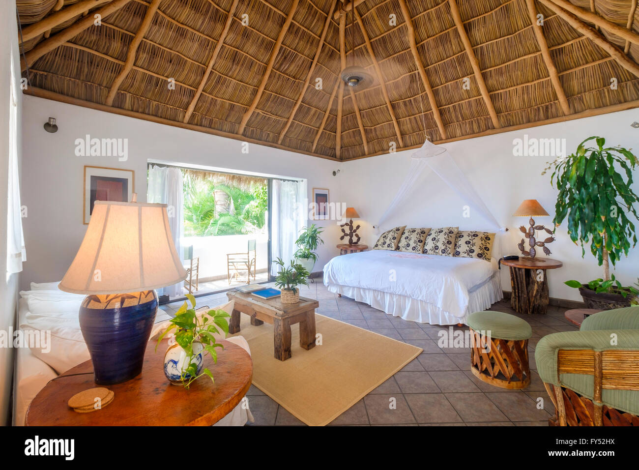 Upscale Mexican Residence - spacius bedroom, Punta de Mita, Riviera Nayarit, Mexico Stock Photo