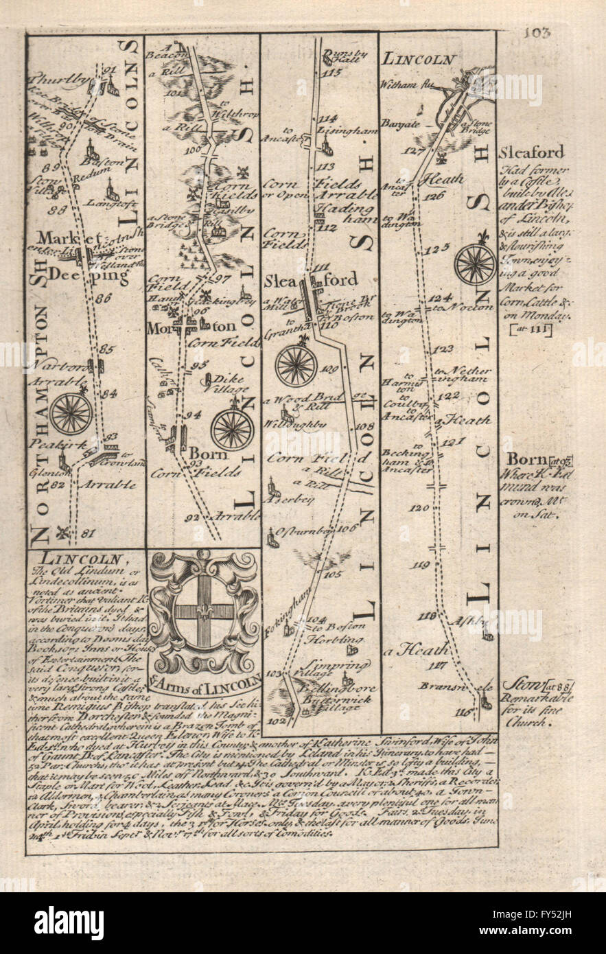 Market Deeping-Thurlby-Morton-Sleaford-Lincoln road map by OWEN & BOWEN 1753 Stock Photo