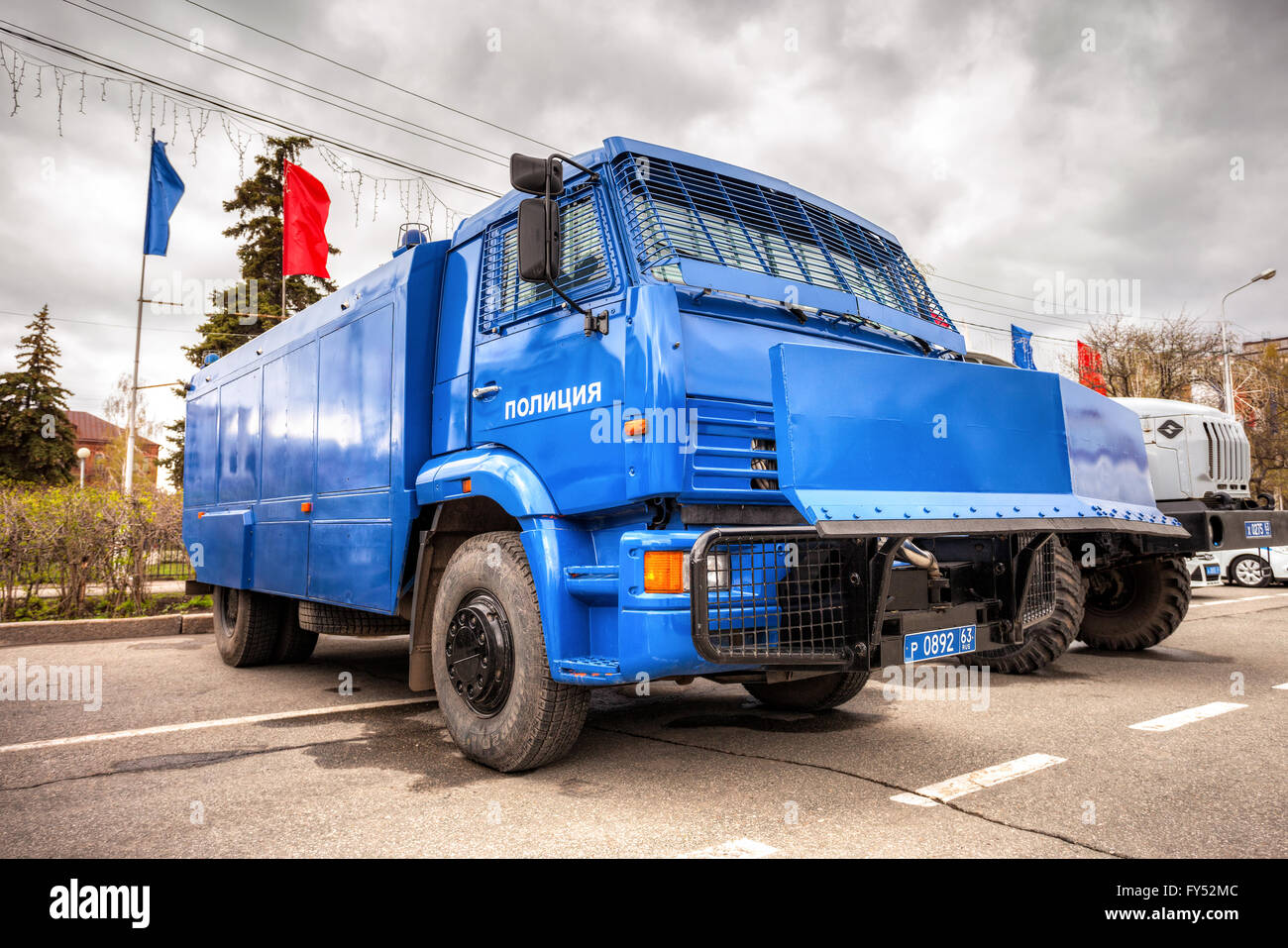 Russian police heavy truck parked on the city street in spring day ...
