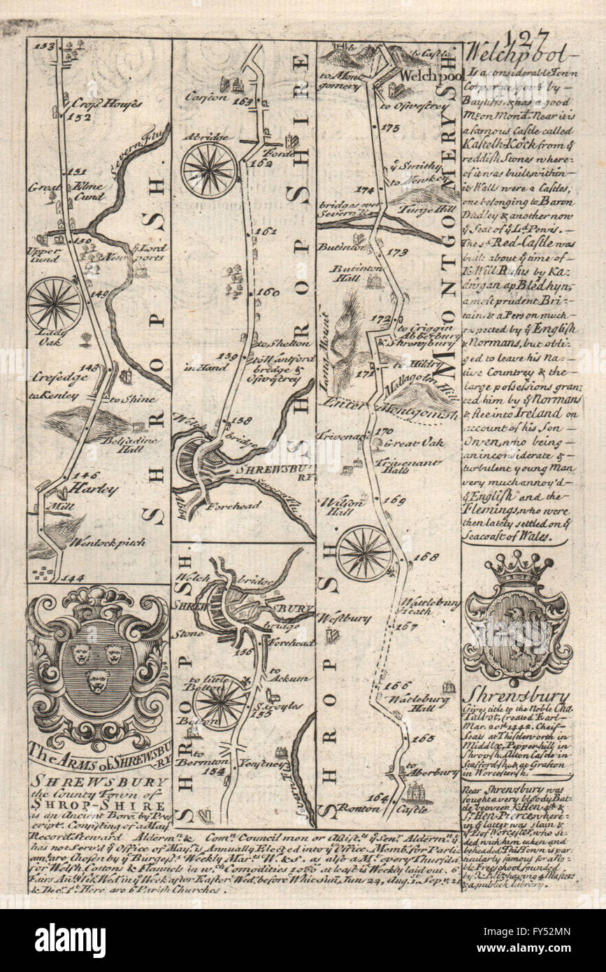HarleyShrewsburyWelshpool road strip map by J. OWEN & E. BOWEN, 1753