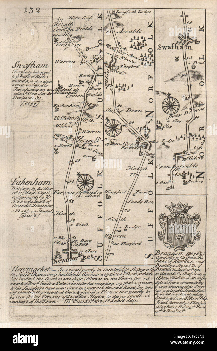 Newmarket-Barton Mills-Brandon-Swaffham road map by J. OWEN & E. BOWEN, 1753 Stock Photo