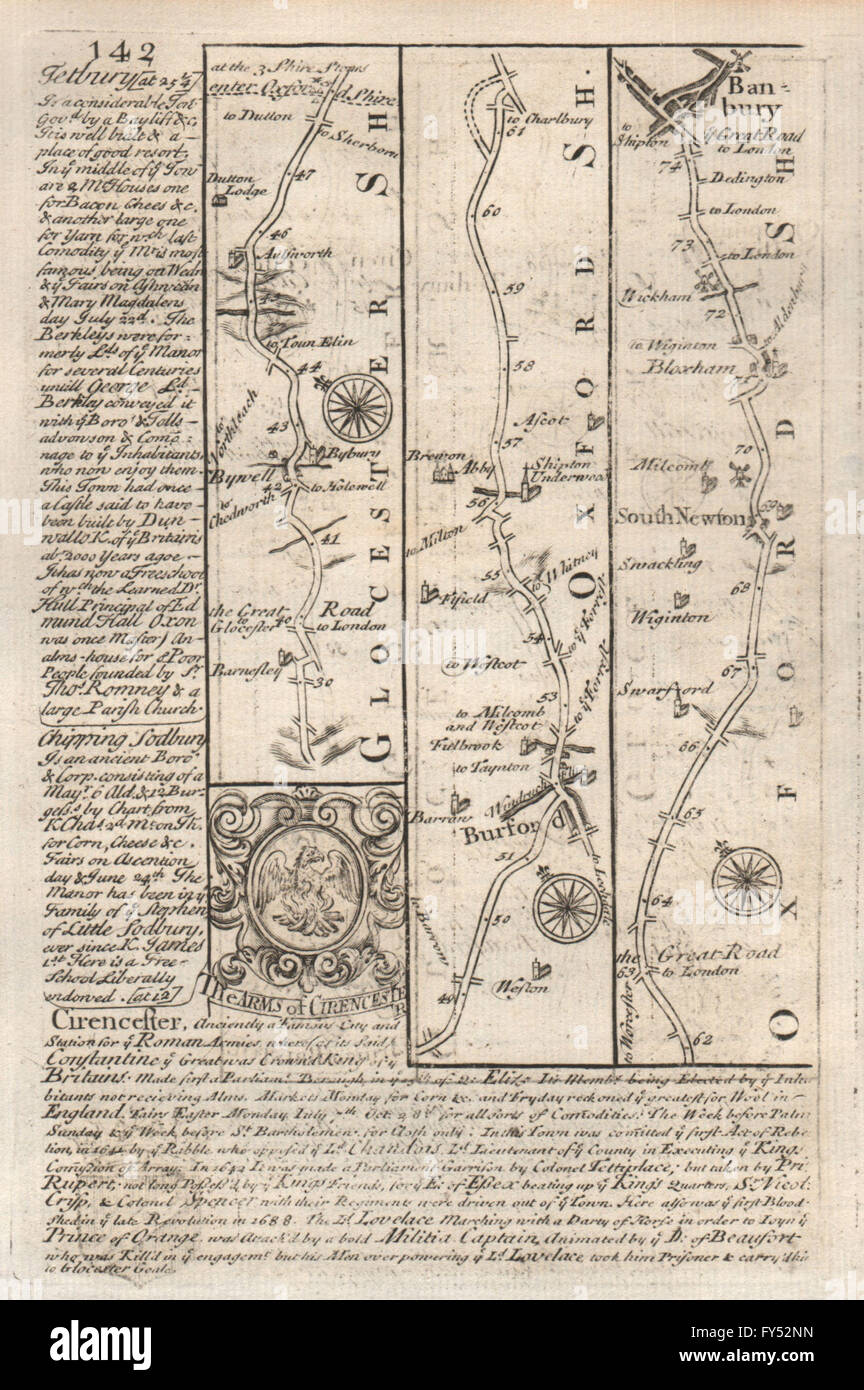 Barnsley-Bibury-Burford-Banbury road strip map by J. OWEN & E. BOWEN, 1753 Stock Photo