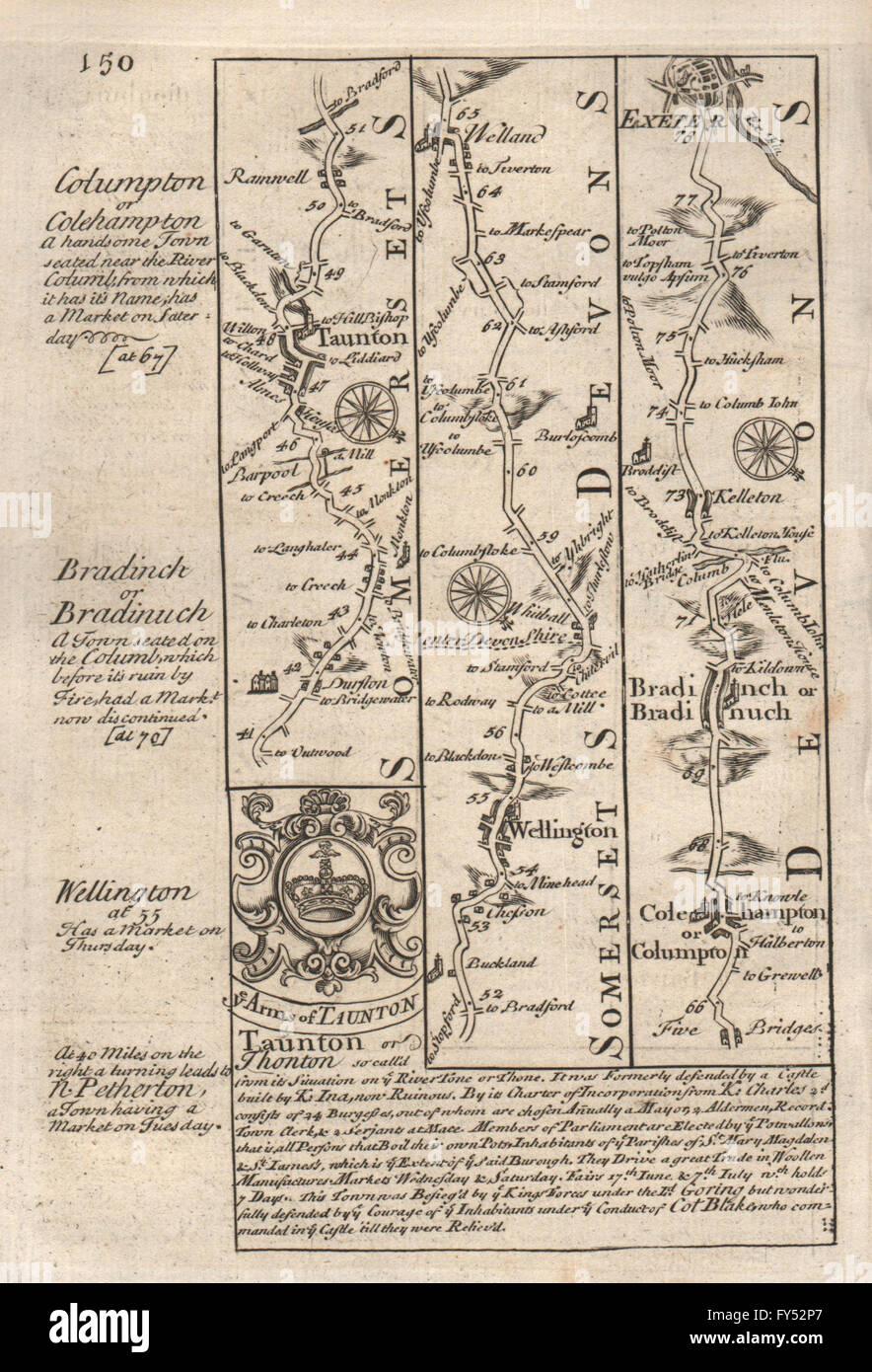 Taunton-Wellington-Willand-Bradninch-Exeter road map by OWEN & BOWEN, 1753 Stock Photo