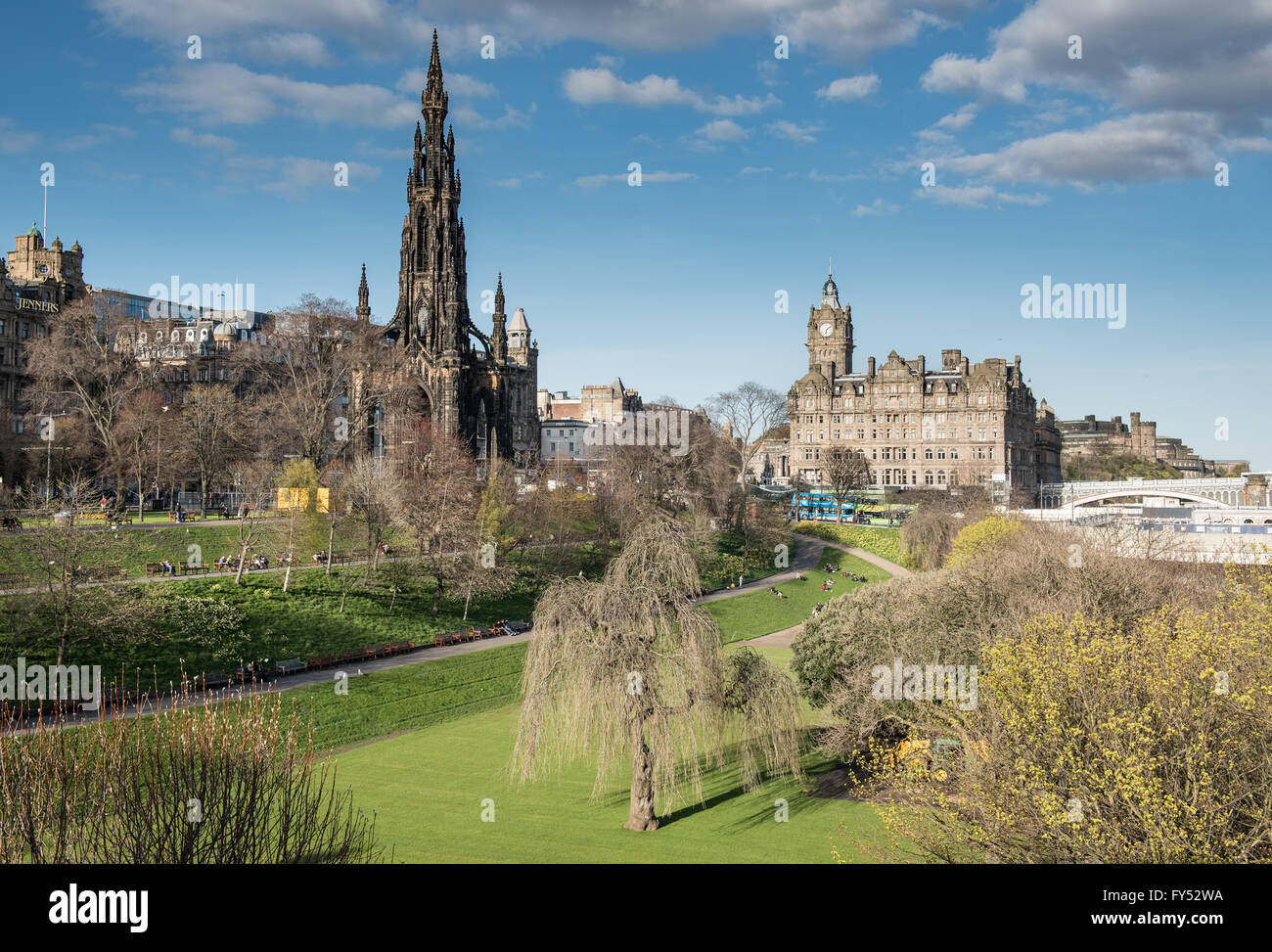 Looking east over Princes Street Gardens towards the Scott Monument and Balmoral Hotel Stock Photo