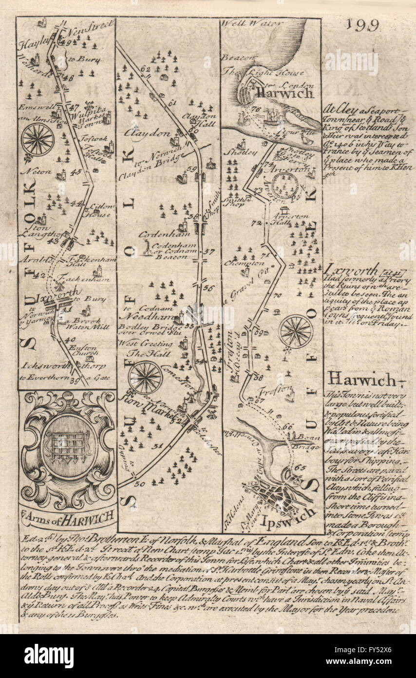 Ixworth-Stowmarket-Claydon-Ipswich-Harwich road map by OWEN & BOWEN, 1753 Stock Photo