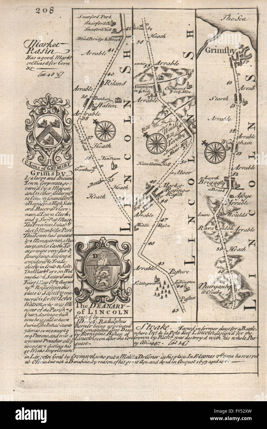 Welton-Market Rasen-Thorganby-Grimsby road map by J. OWEN & E. BOWEN, 1753 Stock Photo