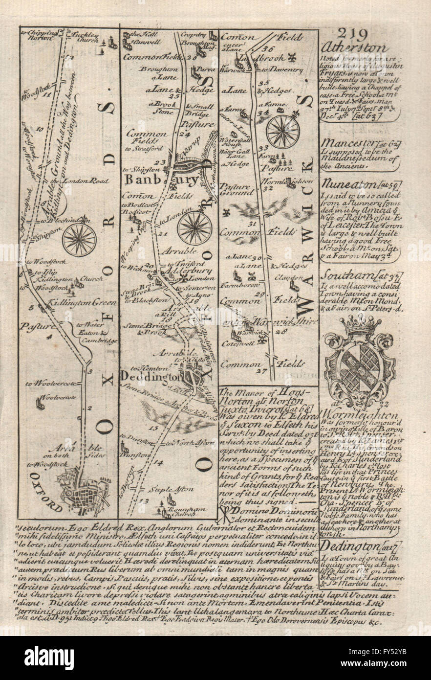 OxfordDeddingtonBanbury road strip map by J. OWEN & E. BOWEN, 1753