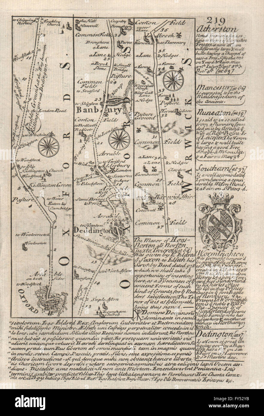 Oxford-Deddington-Banbury road strip map by J. OWEN & E. BOWEN, 1753 Stock Photo