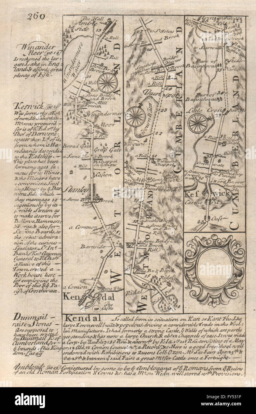 KendalWindermereAmblesideKeswick road strip map by J. OWEN & E