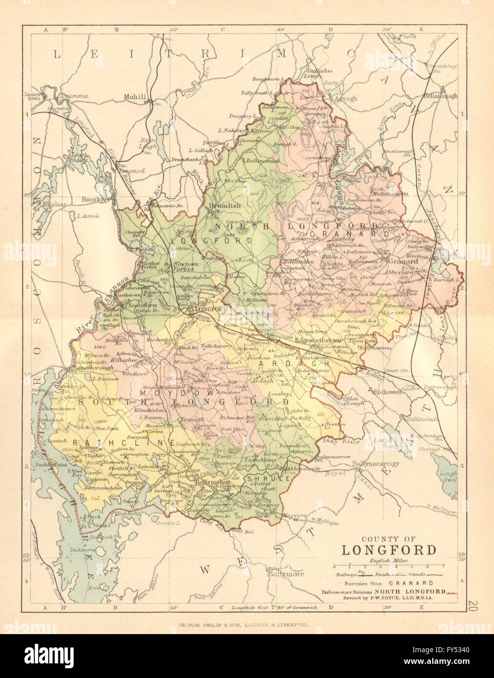 COUNTY LONGFORD. Antique county map. Leinster. Ireland. BARTHOLOMEW, c1902 Stock Photo
