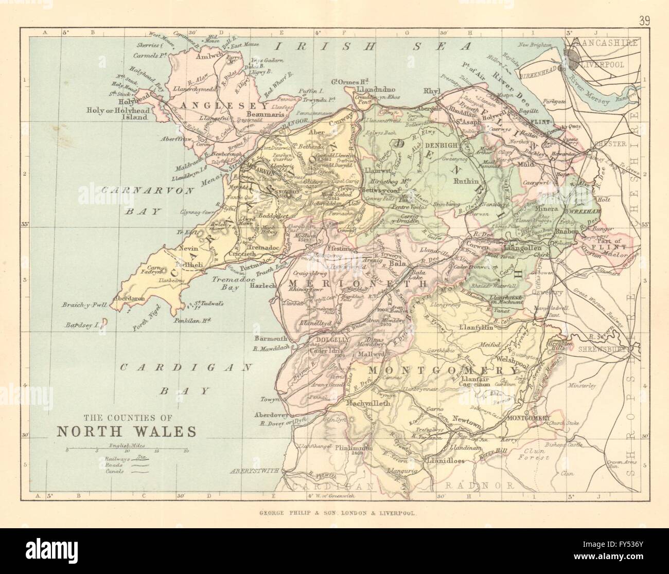 North Wales Counties Map North Wales. Antique Map. Counties Railways Roads Canals. Philip 1885 Old  Stock Photo - Alamy