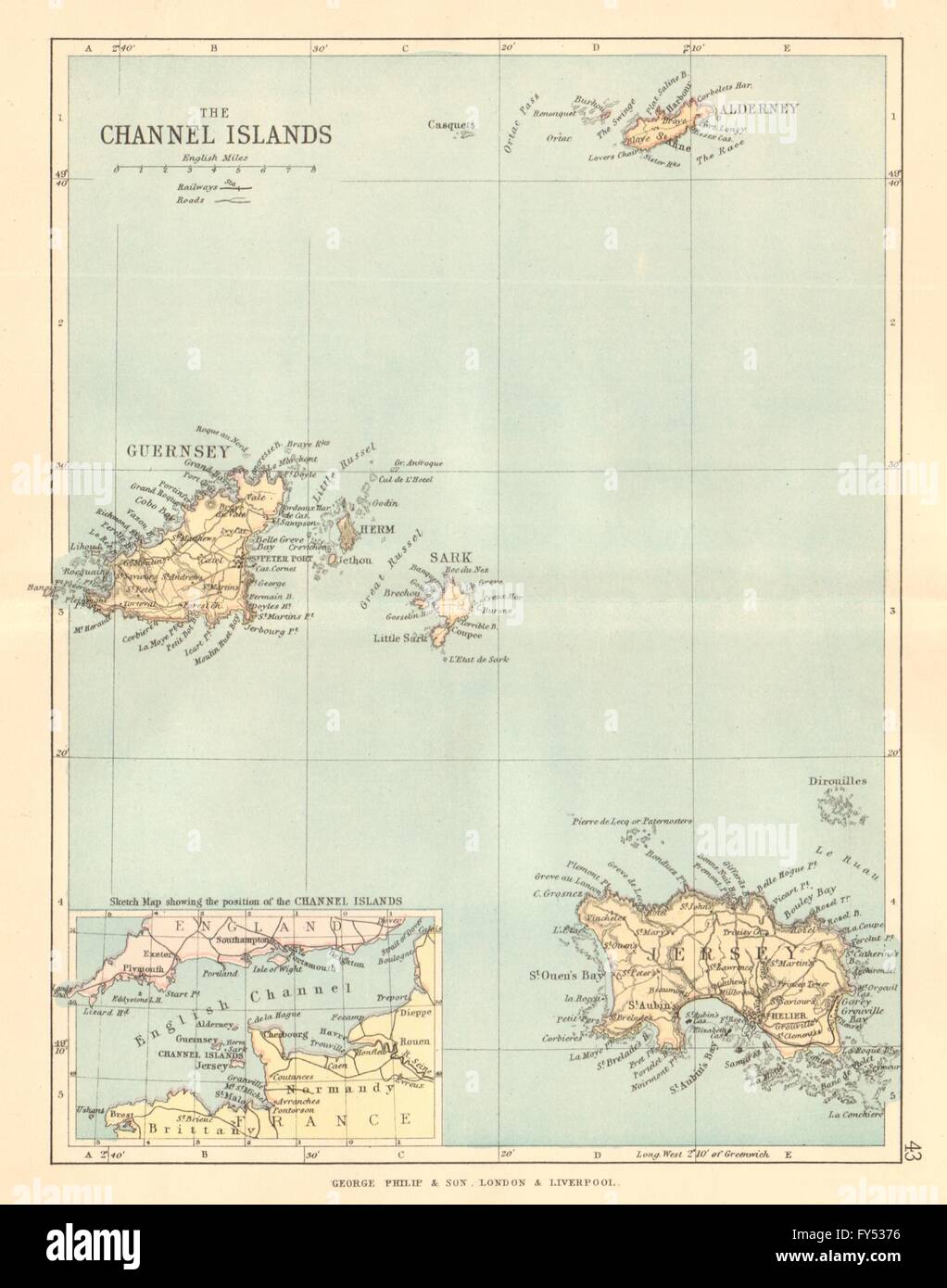 CHANNEL ISLANDS: Antique map. Jersey Guernsey Sark Alderney. PHILIP, 1884 Stock Photo