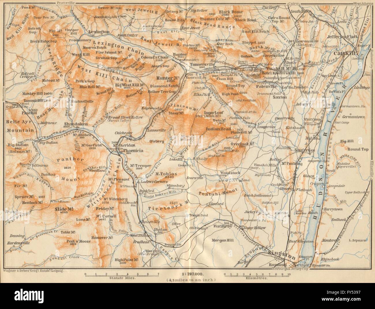 THE CATSKILL MOUNTAINS . New York State. Hudson River. BAEDEKER, 1904 old map Stock Photo