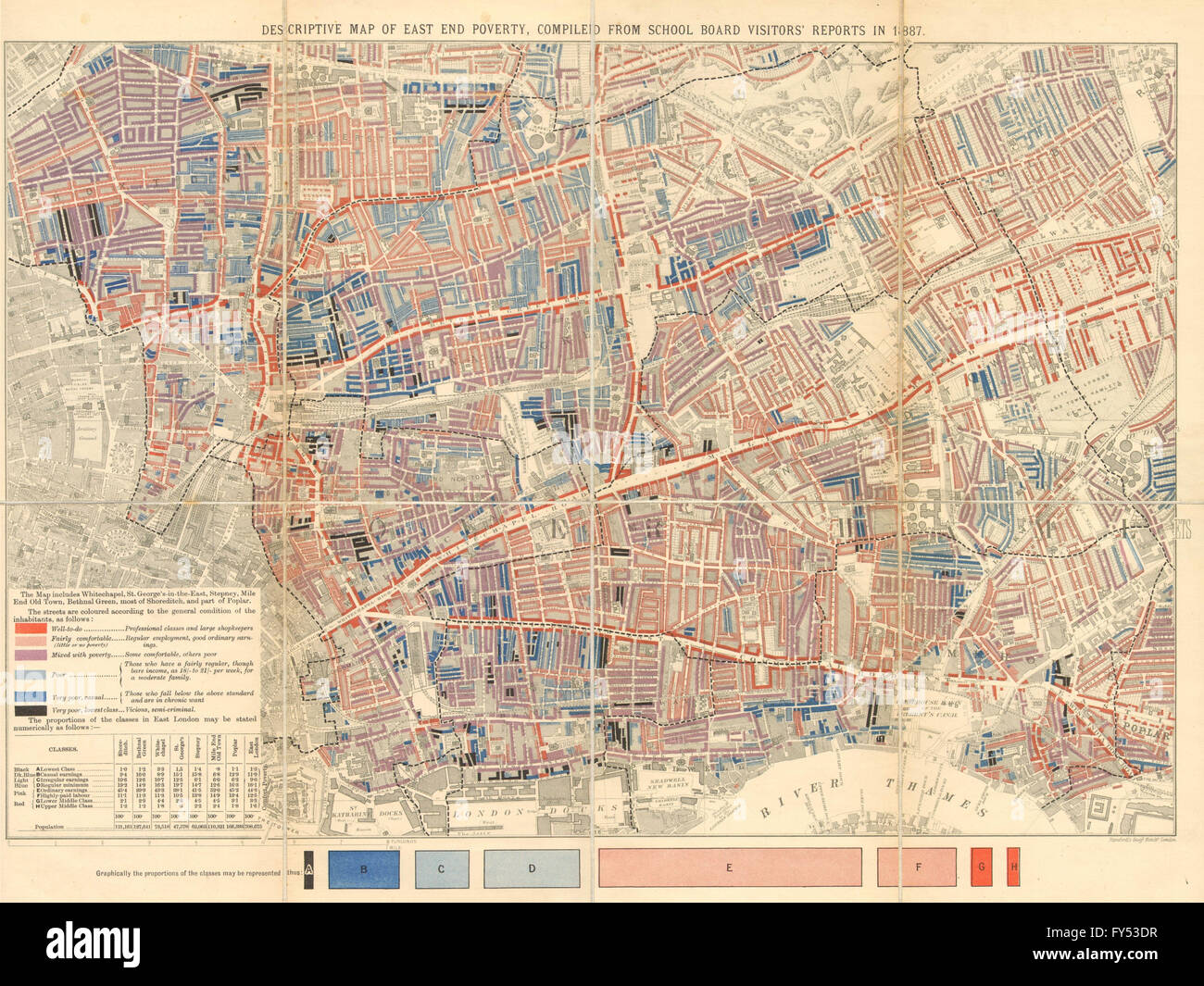 'Descriptive map of East End Poverty'. CHARLES BOOTH. Whitechapel Stepney 1889 Stock Photo