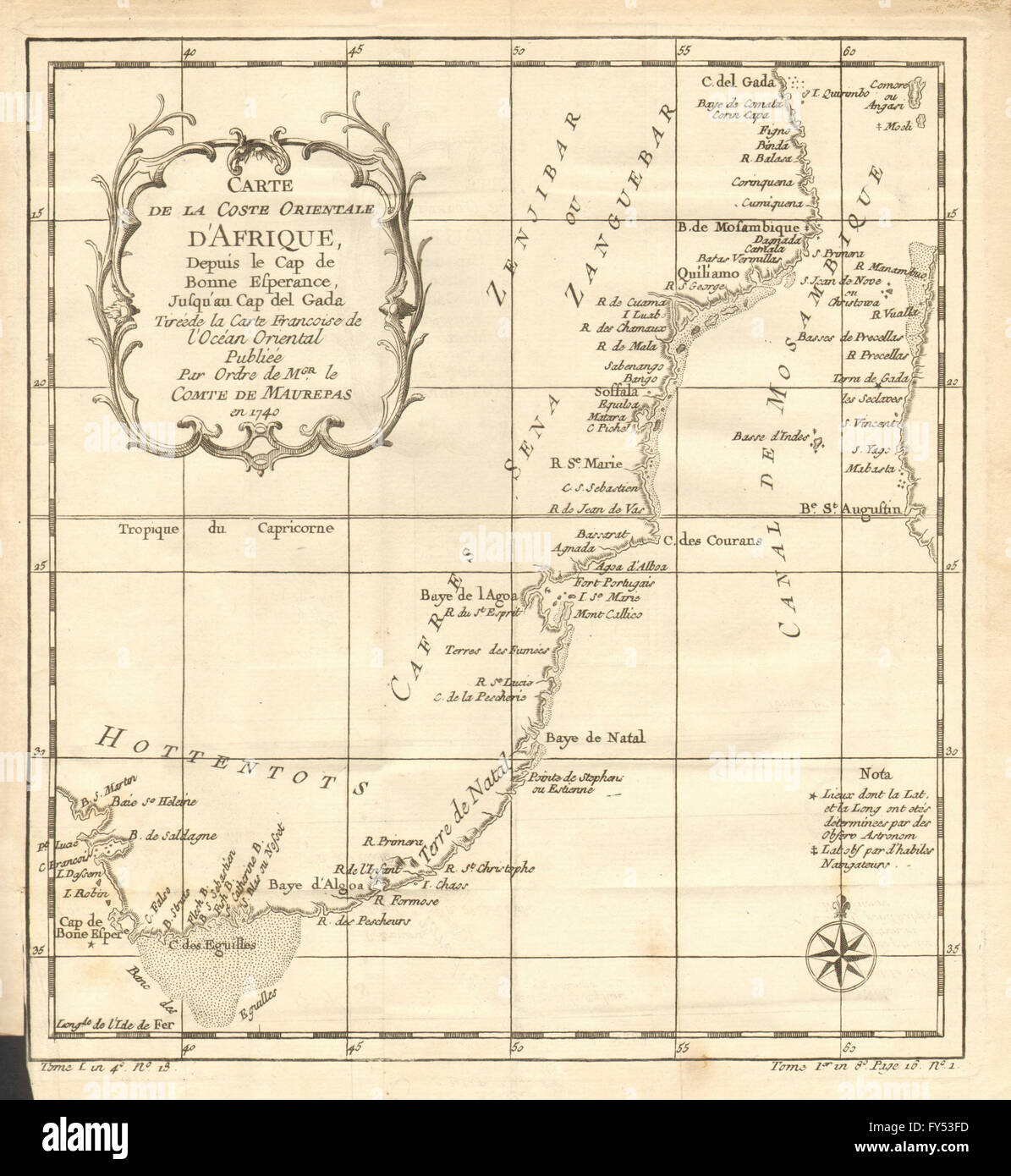 'Coste Orientale d'Afrique…' South Africa Mozambique. BELLIN, 1758 antique map Stock Photo