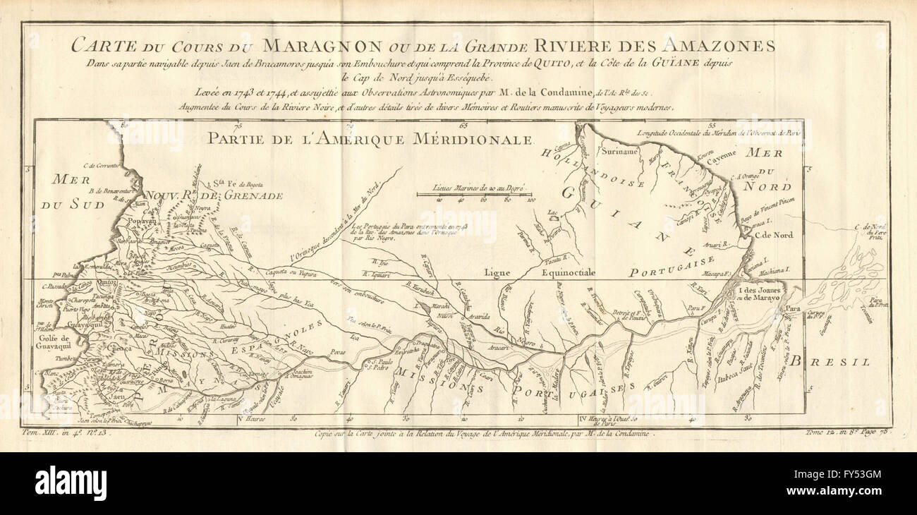 'Cours du Maragnon ou de la Grande Riviere des Amazones' river. BELLIN, 1758 map Stock Photo