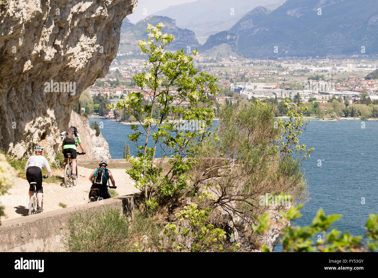 Cyclists run through the Ponale trail carved into the rock of the mountain in Riva del Garda, Italy. Stock Photo