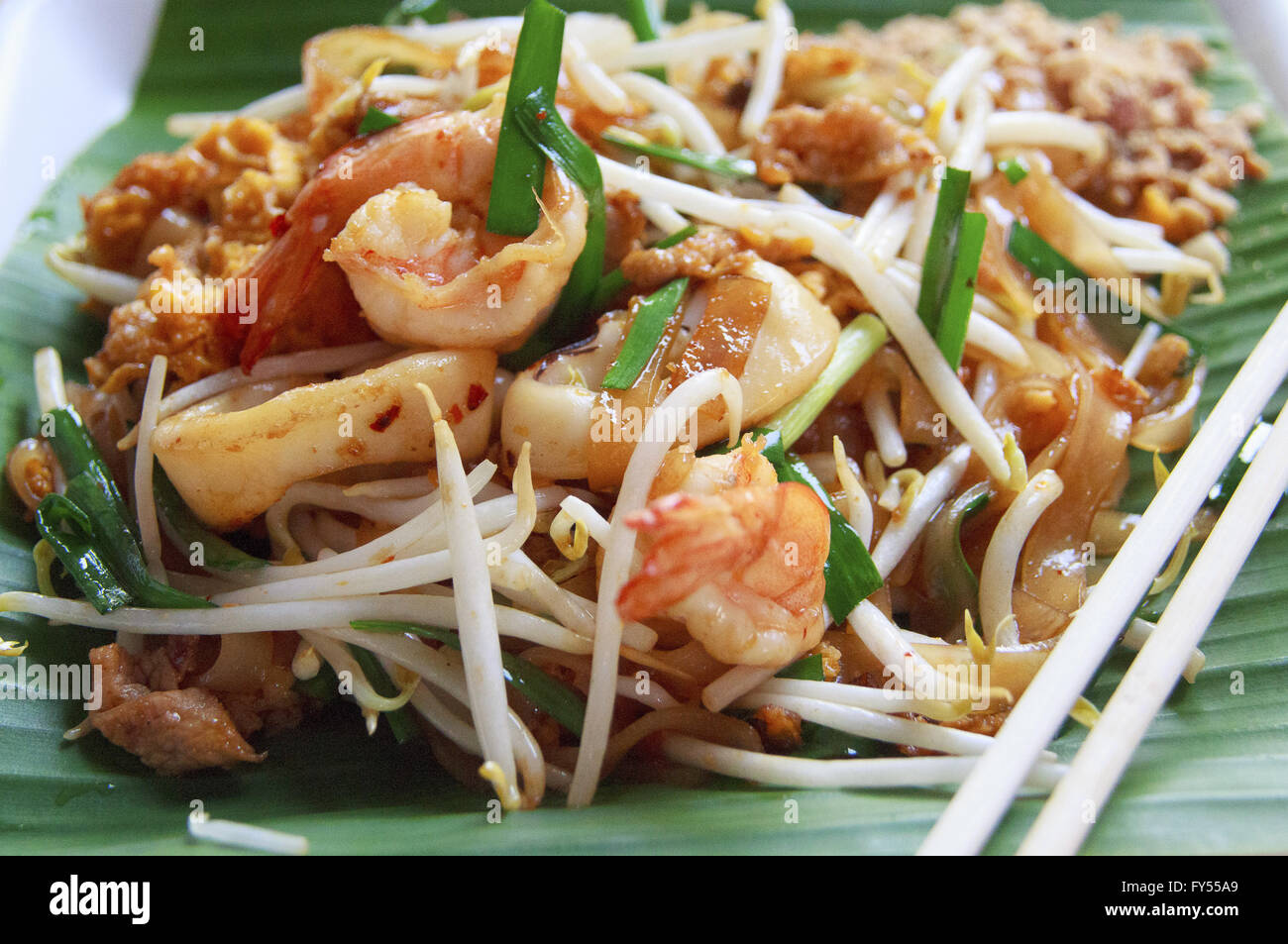 Thai style noodles or Padthai on the banana leaf Stock Photo