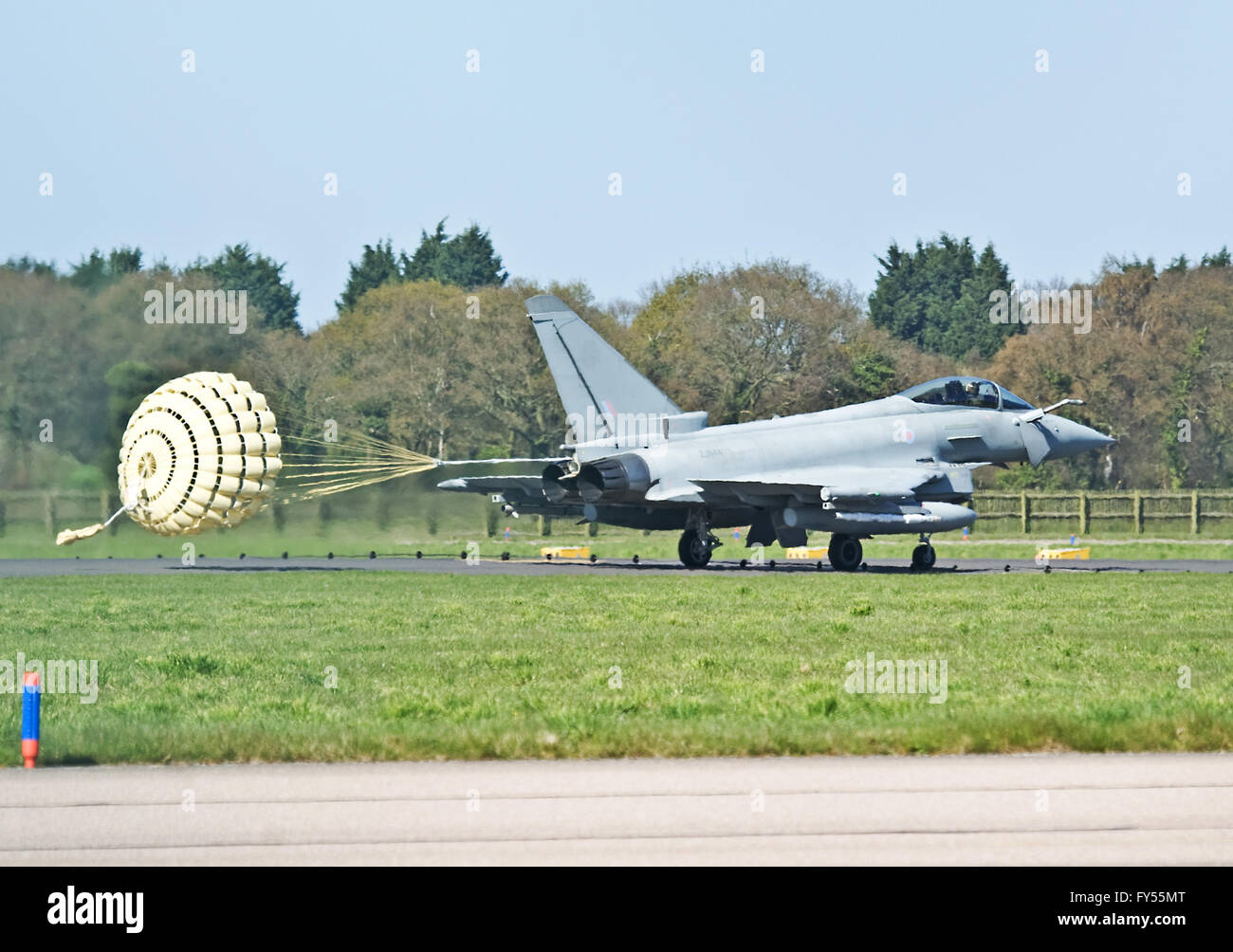 RAF Eurofighter Typhoon with brake chute deployed Stock Photo